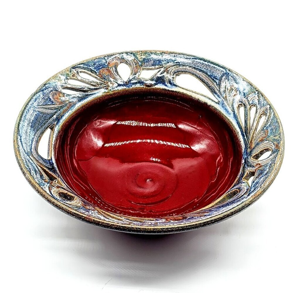 Handmade Reticulated Burgundy Red Glazed Art Studio Pottery Bowl